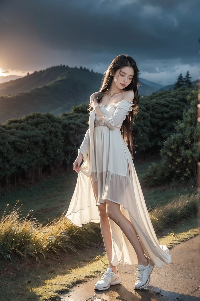 (((best quality))),(((ultra detailed))),(((masterpiece))),illustration,((1 beautiful girl,solo)),((slim,thin,flat chest)),(shoulder length straight hair:1.2),flowing hair,fair skin,(shiny skin:1.3),detailed eyes,laughing,(shirt-dress:1.3),delicate necklace,grass,dewdropletts,trees,bird chirping,serenity,gratitude,awe,wonders of nature,peace,contentment,magnificent world,summer,(pitch-dark dawn:1.5),(night scene:1.3),((full body,from front)),after rain,(wet:1.3),standing,on the path,At the mountaintop,confident gaze,elegant posture,mysterious atmosphere,solemn mood,dawn approaching,detailed decorations,(sunrise:1.3),(cloudy sky:1.2),rainbow,(Rural Landscape:1.2),horizon,slender legs,sneakers