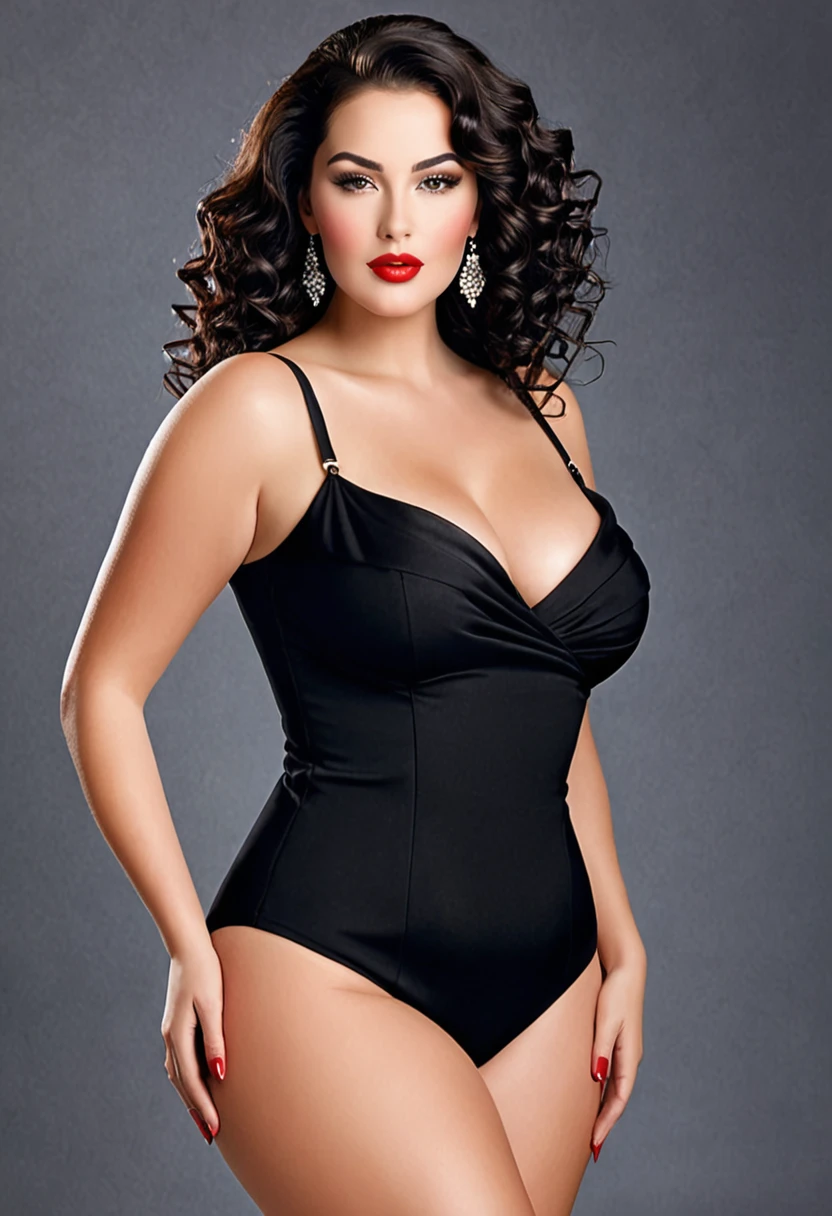 Create a full-figured woman :It measures 1,65m tall and has a curvy and voluptuous body. Her black hair is voluminous and curly, framing your face in a stunning way. His eyes are dark brown, deep and mysterious, complemented by well-defined eyebrows. Her skin is dark and luminous, with a natural shine. Your lips are full and a natural red., always highlighted with a striking lipstick. Your curves are accentuated, with wide hips and a defined waist, creating an attractive and feminine silhouette. your legs are well turned, reflecting your commitment to an exercise routine.