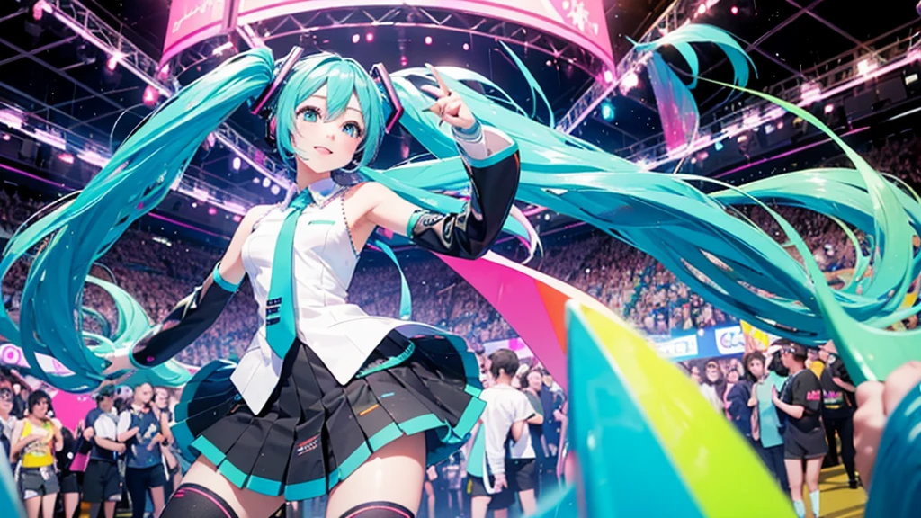 This painting depicts an active and colorful dance party scene featuring Hatsune Miku.。She was dancing in the center of the dance floor、Colorful neon lights are shining all around.。