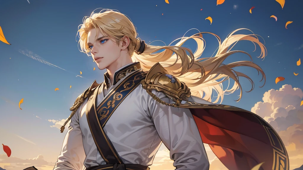 ((masterpiece)),(((最high quality))), (Detailed light) (Detailed Shadows), (high quality, Breathtakingly beautiful),(Expressive eyes, Perfect Face), 1 person, alone, male, expensive, (mature), Board shoulder, Muscular, Long, wild hairstyle, blue eyes, A fearless smile, Arabian style costume, Brown skin, Blonde, Petals fluttering, the wind is strong, Beautiful husband
