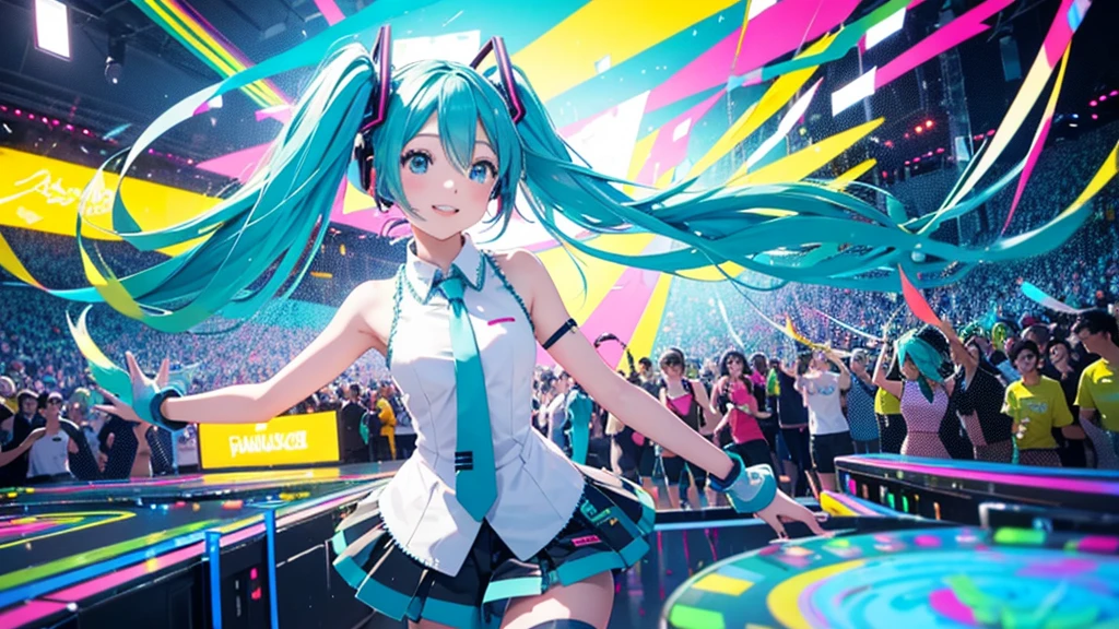 This painting depicts an active and colorful dance party scene featuring Hatsune Miku.。She was dancing in the center of the dance floor、Colorful neon lights are shining all around.。
