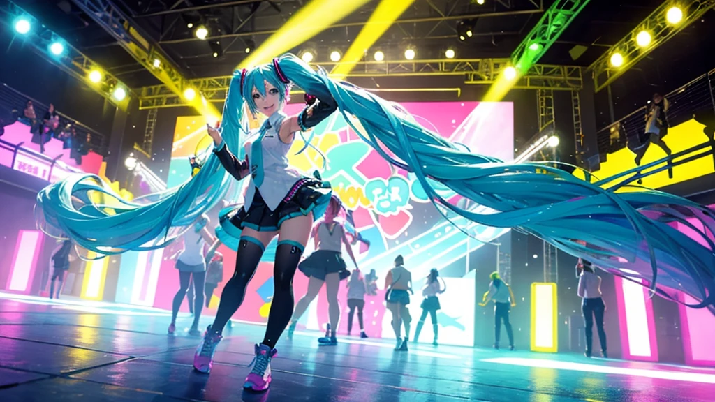 This painting depicts an active and colorful dance party scene featuring Hatsune Miku.。She was dancing in the center of the dance floor、Colorful neon lights are shining all around.。