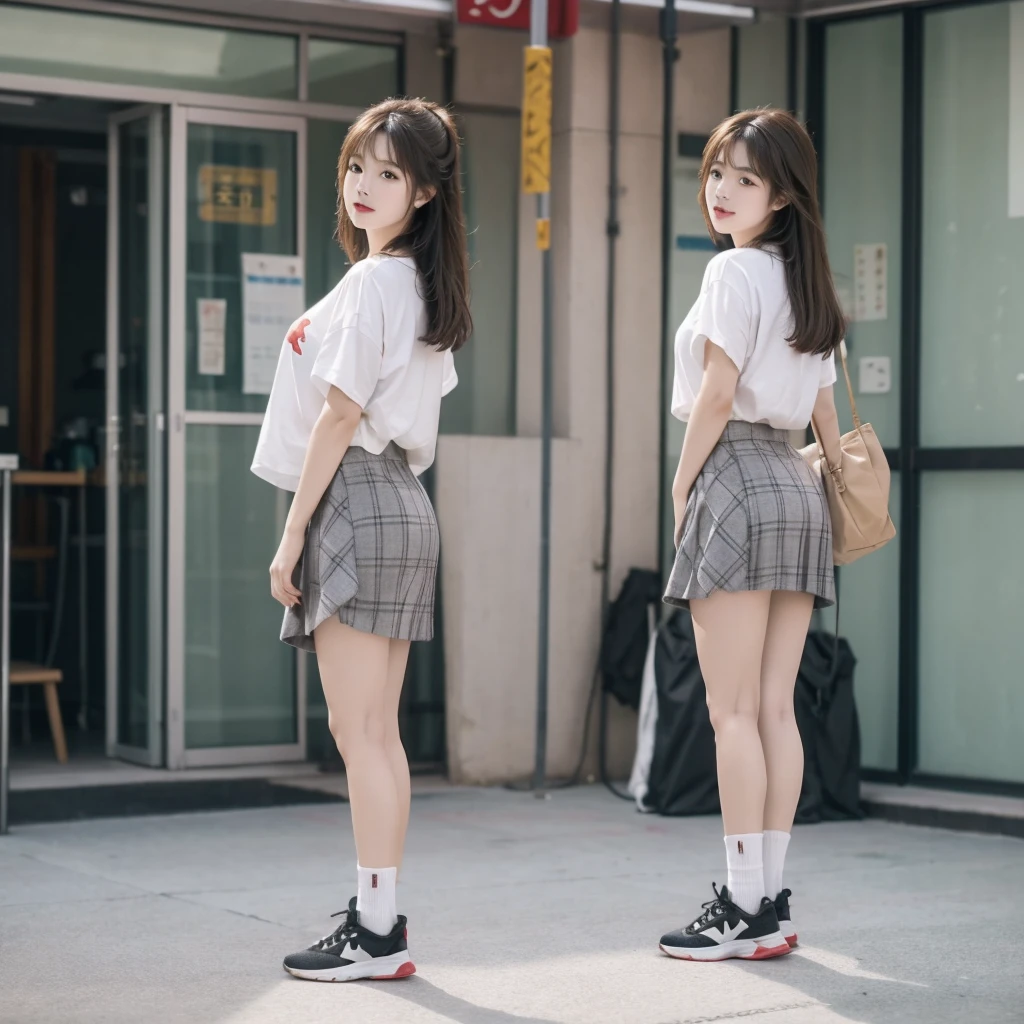A brunette girl in an office skirt and a white T-shirt stands on the gray floor of a building，穿着高跟sports shoes和灰色紧身裤，with her back to us，Take full-body photos。This photo was taken with a Canon camera，And posted on TikTok。It features a girl with long straight hair and bangs in Chinese art style。Her figure includes a plaid skirt、Thin socks、sports shoes、Slightly overweight body and head。In the front view，She stands at a right angle to the audience。