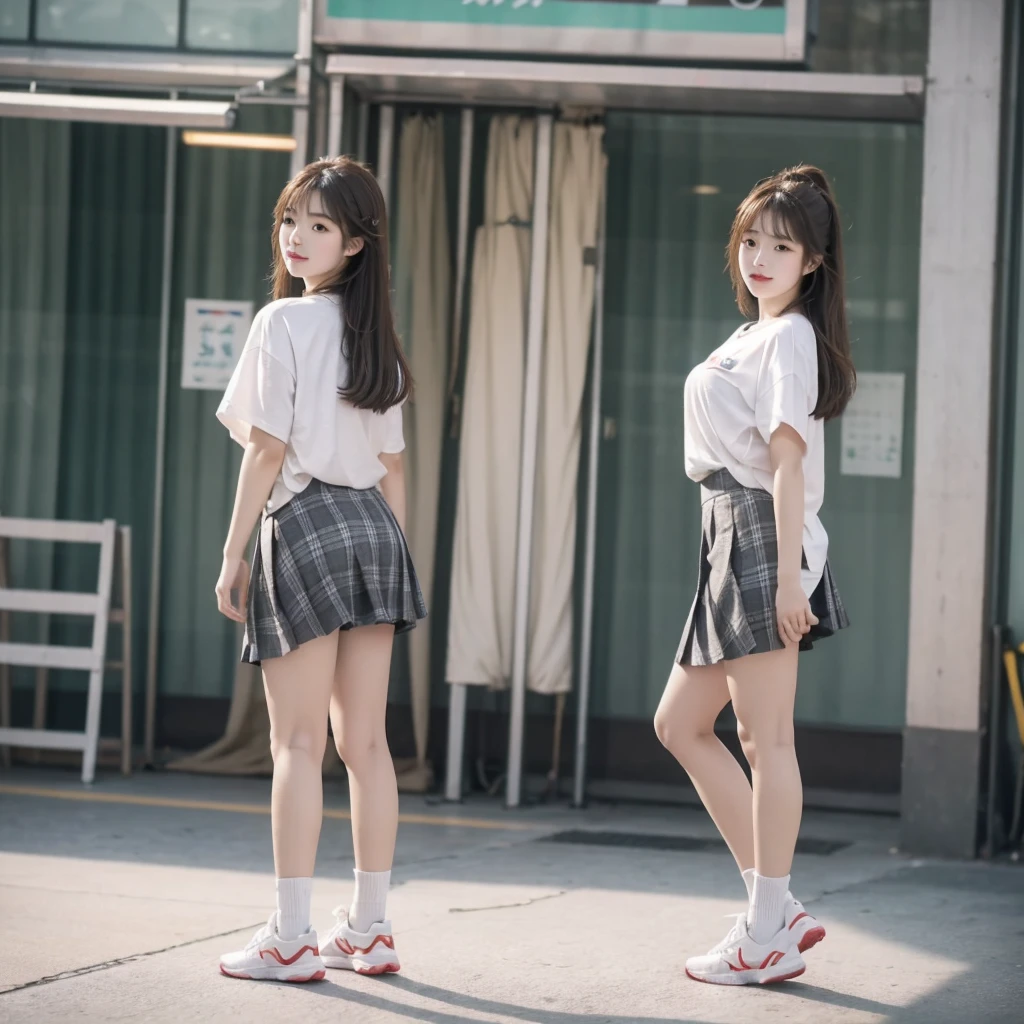 A brunette girl in an office skirt and a white T-shirt stands on the gray floor of a building,穿着高跟sports shoes和灰色紧身裤,with her back to us,Take full-body photos。This photo was taken with a Canon camera,And posted on TikTok。It features a girl with long straight hair and bangs in Chinese art style。Her figure includes a plaid skirt、Thin socks、sports shoes、Slightly overweight body and head。In the front view,She stands at a right angle to the audience。