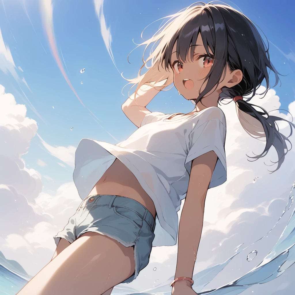 score_9, score_8_up, score_7_up, source_anime, best quality, masterpiece, official art, absurdres, highres, ultra-detailed,waifu2x,Collection: Slice of Life,break,1girl, tomboy, dark-skinned female, short hair, low ponytail, flat chest, beautiful detailed eyes, short shorts, sweat, open mouth, (yawn:0.3), sleepily, outdoors, wind, break,(clear line illustration:1.2),very high resolution, very aesthetic, super detailed skin, Best sexual lighting powered by famous artist, 8k,cute picture,beauty illustration,photoshop_(medium),,(Detailed Lighting),best anime 8k konachan wallpaper, pixiv contest winner,