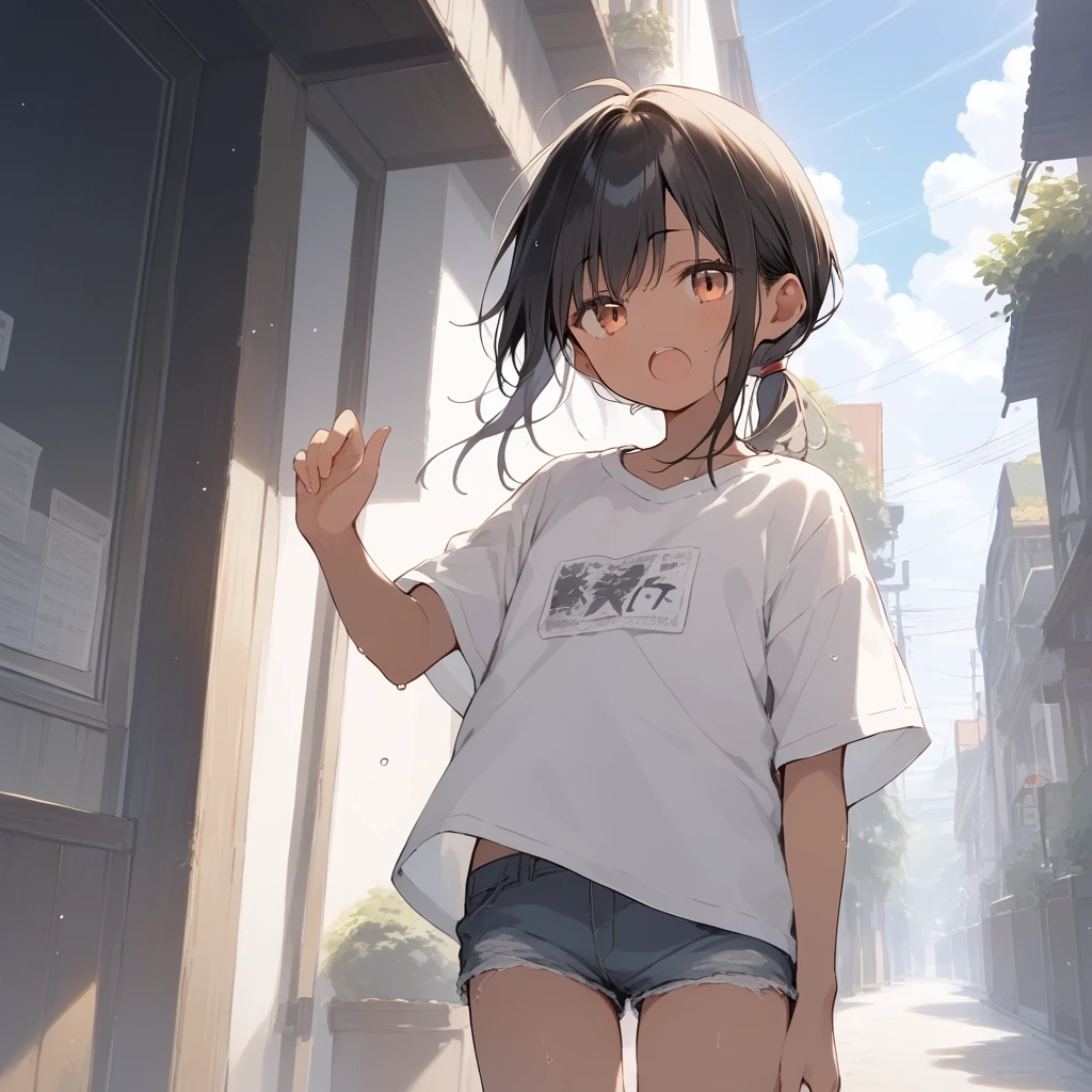 score_9, score_8_up, score_7_up, source_anime, best quality, masterpiece, official art, absurdres, highres, ultra-detailed,waifu2x,Collection: Slice of Life,break,1girl, tomboy, dark-skinned female, short hair, low ponytail, flat chest, beautiful detailed eyes, short shorts, sweat, open mouth, (yawn:0.3), sleepily, outdoors, wind, break,(clear line illustration:1.2),very high resolution, very aesthetic, super detailed skin, Best sexual lighting powered by famous artist, 8k,cute picture,beauty illustration,photoshop_(medium),,(Detailed Lighting),best anime 8k konachan wallpaper, pixiv contest winner,