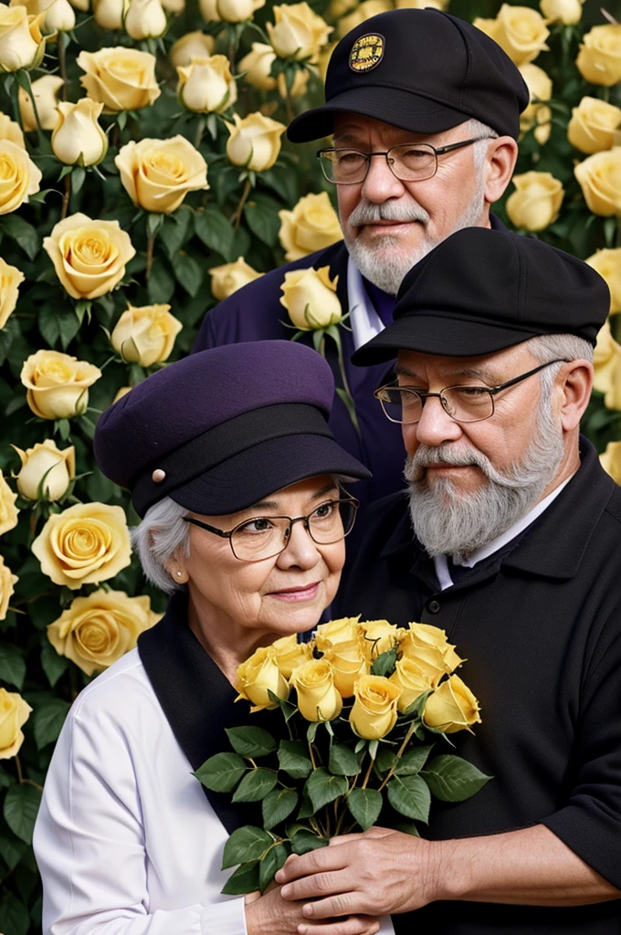 Create the image of a short woman with short dark hair accompanied by a 60-year-old man with a white beard wearing glasses and a black cap., both surrounded by yellow roses and purple hearts, with a realistic style