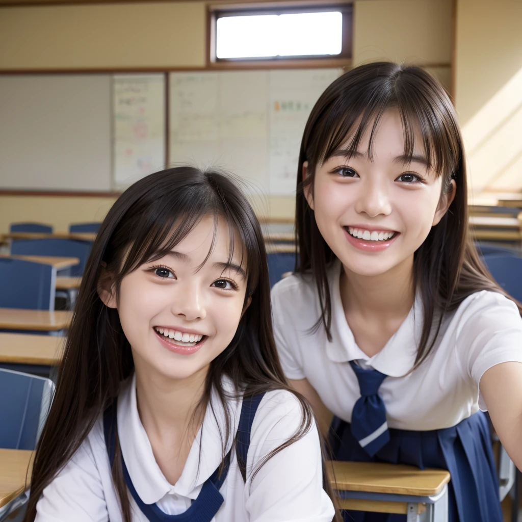 Laughing Japanese high school girl、classroom、、masterpiece, Highest quality, Photorealistic、Laugh with your mouth wide open、Smiling at the camera