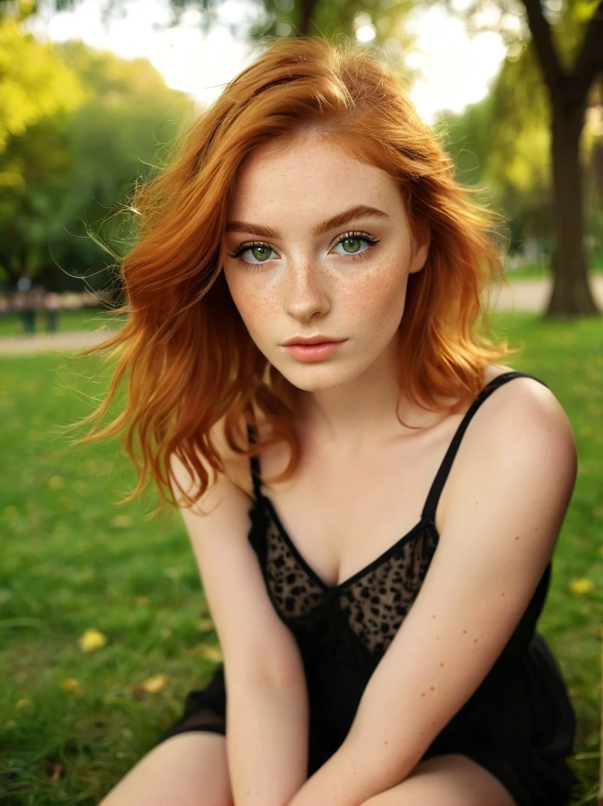 (Soft Lighting Photography by Mimoza Veliu and Mario Giacomelli:1.2), portrait, upper body, close up, cute woman, beautiful, 20 years old, green eyes, (black bold eyeliner, makeup:1.3), freckles, soft smile, shoulder length ginger hair at side, ear, see through loose blouse, cleavage, kneeling, at the park, knee high socks,  body, beautiful legs, realistic soft skin, looking at viewer from down, on knees