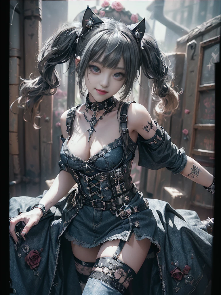 (Smiling with teeth showing:1.3),(Shibuya Gal:1.5)、(Gothic ta style fashion:1.5)、(Punk RockVisual Kei:1.4)、(Denim and black and white medieval noble mini skirt dress:1.5)、(Denim and white medieval arm covers and bustier:1.5)、(Denim high heels:1.3)、(Wearing silver accessories:1.5)、(Denim collar:1.4)、(Black Leather Garter Belt:1.4)、(Brown Skin Belt:1.3)、(Black lace underwear:1.5)、20-year-old、NSFW、((Highest quality、In 8K、masterpiece:1.3))、Sharp focus:1.2、(Layered Cut、Huge boobs:1.1),Beautiful woman with perfect figure:1.4、(Dancing vigorously:1.3)、Slender Abs:1.2、Highly detailed face and skin texture、Detailed eyes、double eyelid,(Twin tails:1.3)、(Brown-golden hair:1.3)、Gravure idol、(The background is a VIP room of a high-class cabaret club surrounded by roses on a sunny day outdoors.:1.3)、(Slim body:1.2),(Make your legs thinner:1.4),(clavicle:1.1)