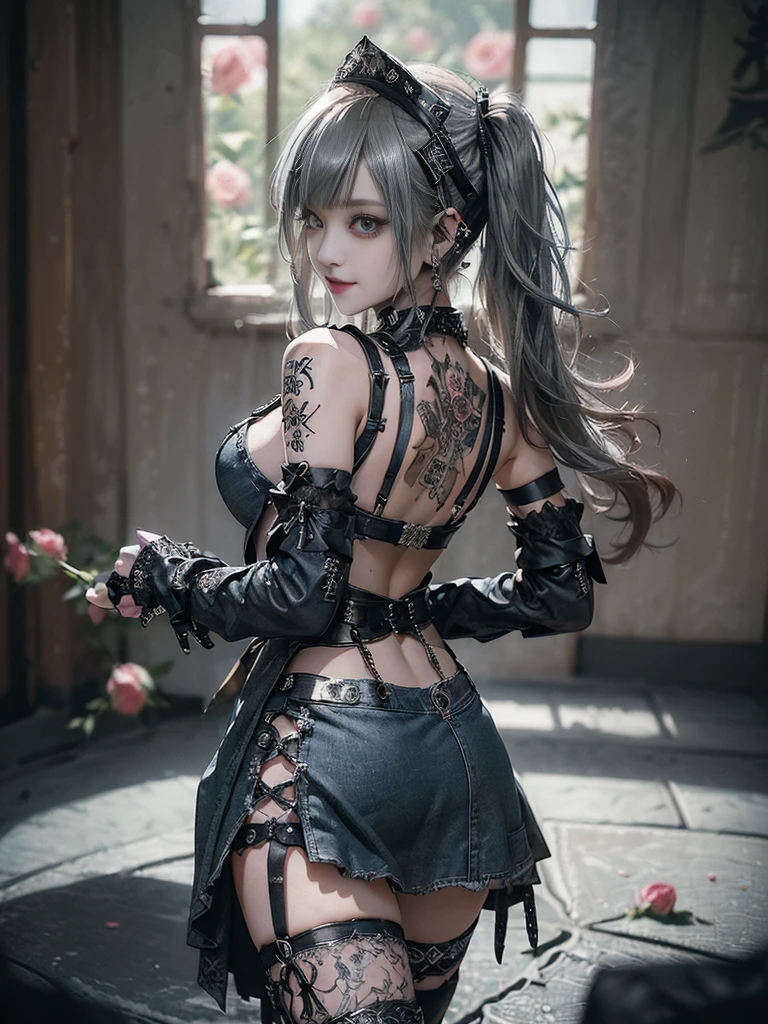 (Smiling with teeth showing:1.3),(Shibuya Gal:1.5)、(Gothic Lolita style fashion:1.5)、(Punk RockVisual Kei:1.4)、(Denim and black and white medieval noble mini skirt dress:1.5)、(Denim and white medieval arm covers and bustier:1.5)、(Denim high heels:1.3)、(Wearing silver accessories:1.5)、(Denim collar:1.4)、(Black Leather Garter Belt:1.4)、(Brown Skin Belt:1.3)、(Black lace underwear:1.5)、20-year-old、NSFW、((Highest quality、In 8K、masterpiece:1.3))、Sharp focus:1.2、(Layered Cut、Huge boobs:1.1),Beautiful woman with perfect figure:1.4、(Dancing vigorously:1.3)、Slender Abs:1.2、Highly detailed face and skin texture、Detailed eyes、double eyelid,(Twin tails:1.3)、(Brown-golden hair:1.3)、Gravure idol、(The background is a VIP room of a high-class cabaret club surrounded by roses on a sunny day outdoors.:1.3)、(Slim body:1.2),(Make your legs thinner:1.4),（clavicle:1.1）