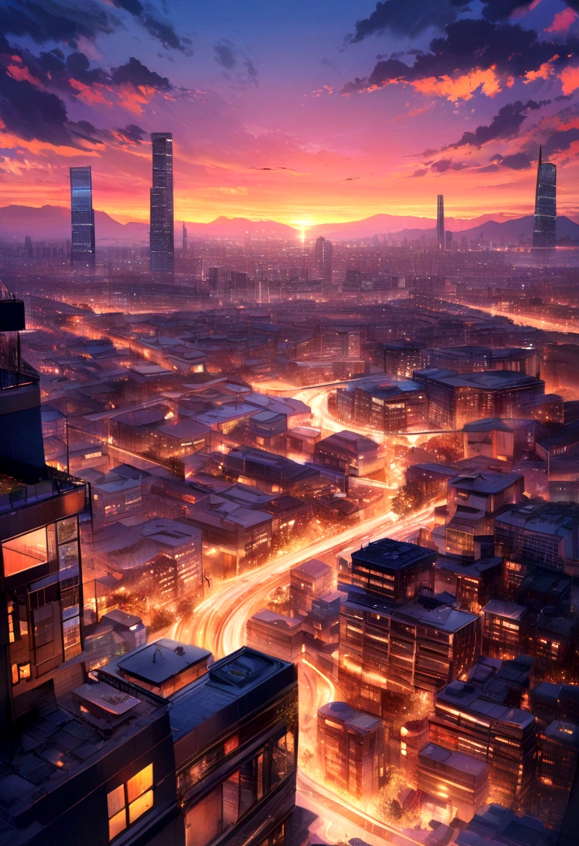 Create a hyper-realistic digital image of a sunset Two contrasting cityscapes, On the left side of the image, depicts a bustling cityscape built by Gen X, with skyscrapers and established infrastructure
On your right side, shows a futuristic, whimsical city in the clouds, representing Gen Z's dreams