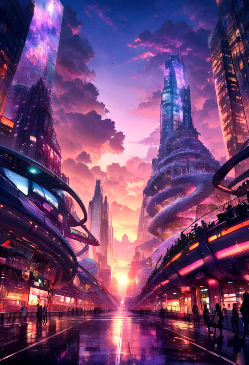 Create a hyper-realistic digital image of a sunset Two contrasting cityscapes, On the left side of the image, depicts a bustling cityscape built by Gen X, with skyscrapers and established infrastructure
On your right side, shows a futuristic, whimsical city in the clouds, representing Gen Z's dreams