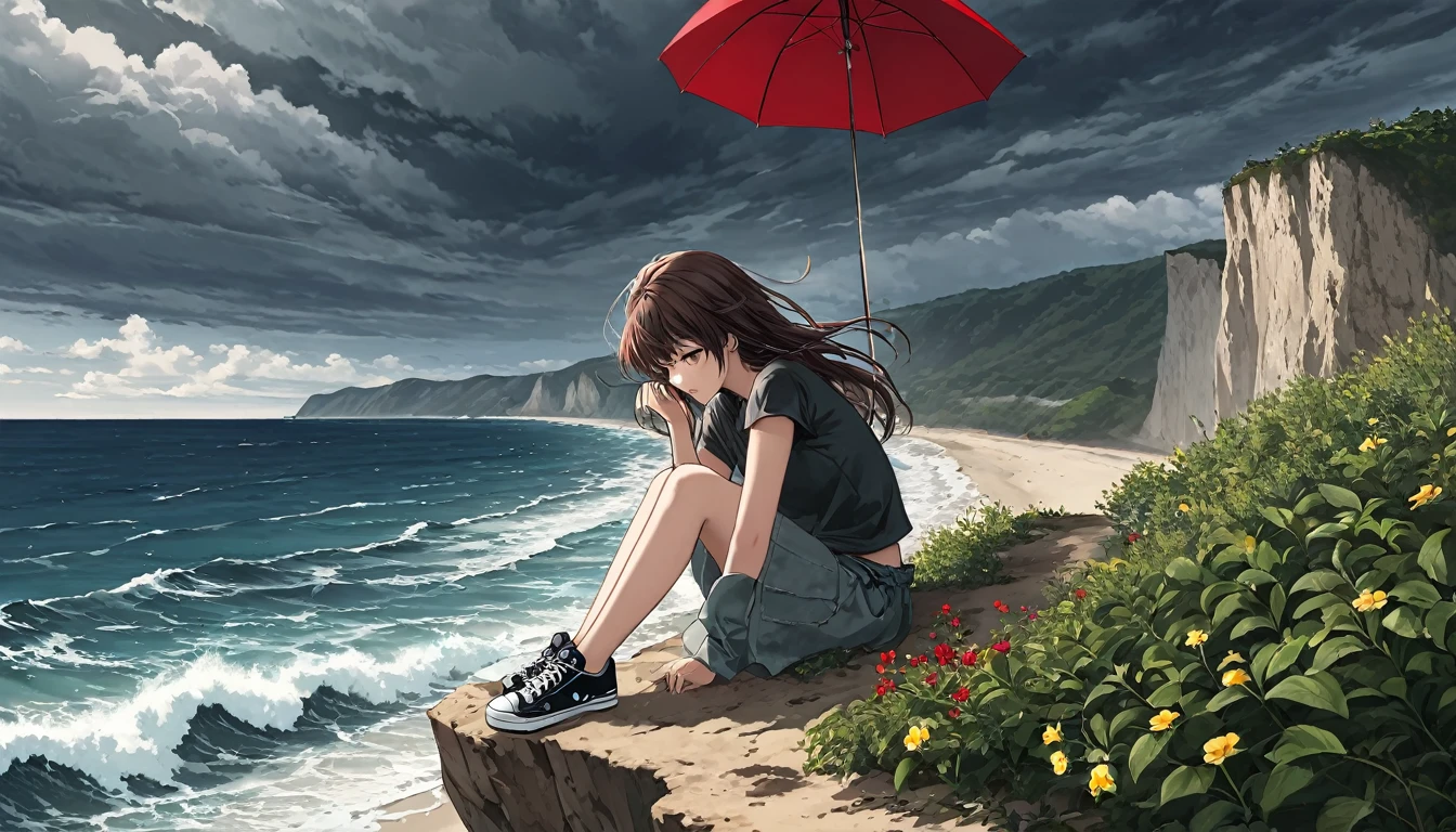 Sea with waves. A sky with dark clouds. A beautiful beach with cliffs. A 16-year-old girl sits precariously on a high cliff with a red umbrella. Her girl's hair blows in the wind. She girl is planting bb sneakers. Five pretty fingers.