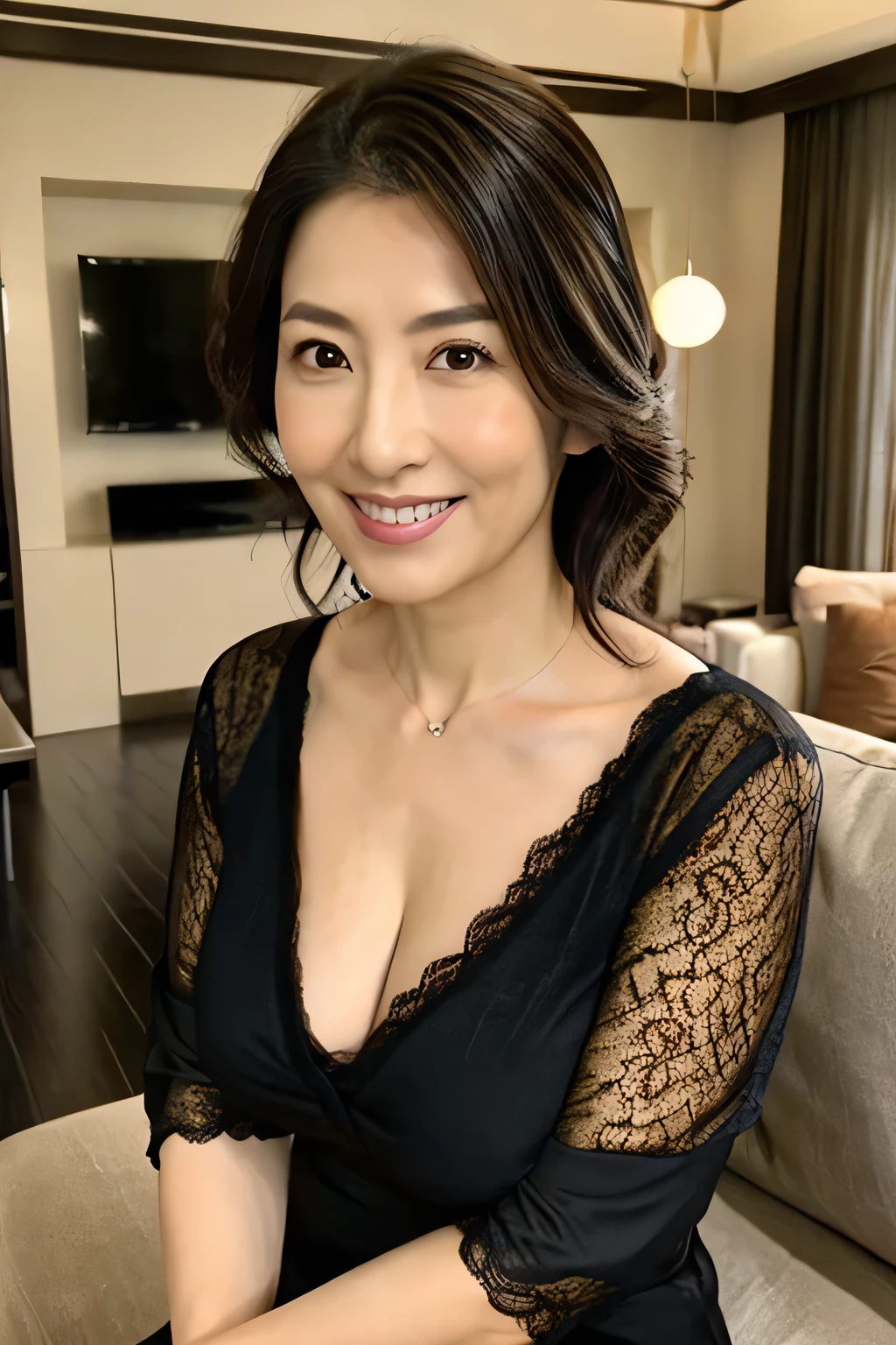 8K, high quality, Realistic Photographic Images, 40 years old, Japanese women, Pure girl, Large Breasts, Narrow waist, ((Sexy and cute wife)), Natural and realistic eyes, Beautiful black hair, light makeup,, Golden ratio composition, lingerie,Western-style living room,, Characteristics of a Pure Japanese Person, Full body photo, smile