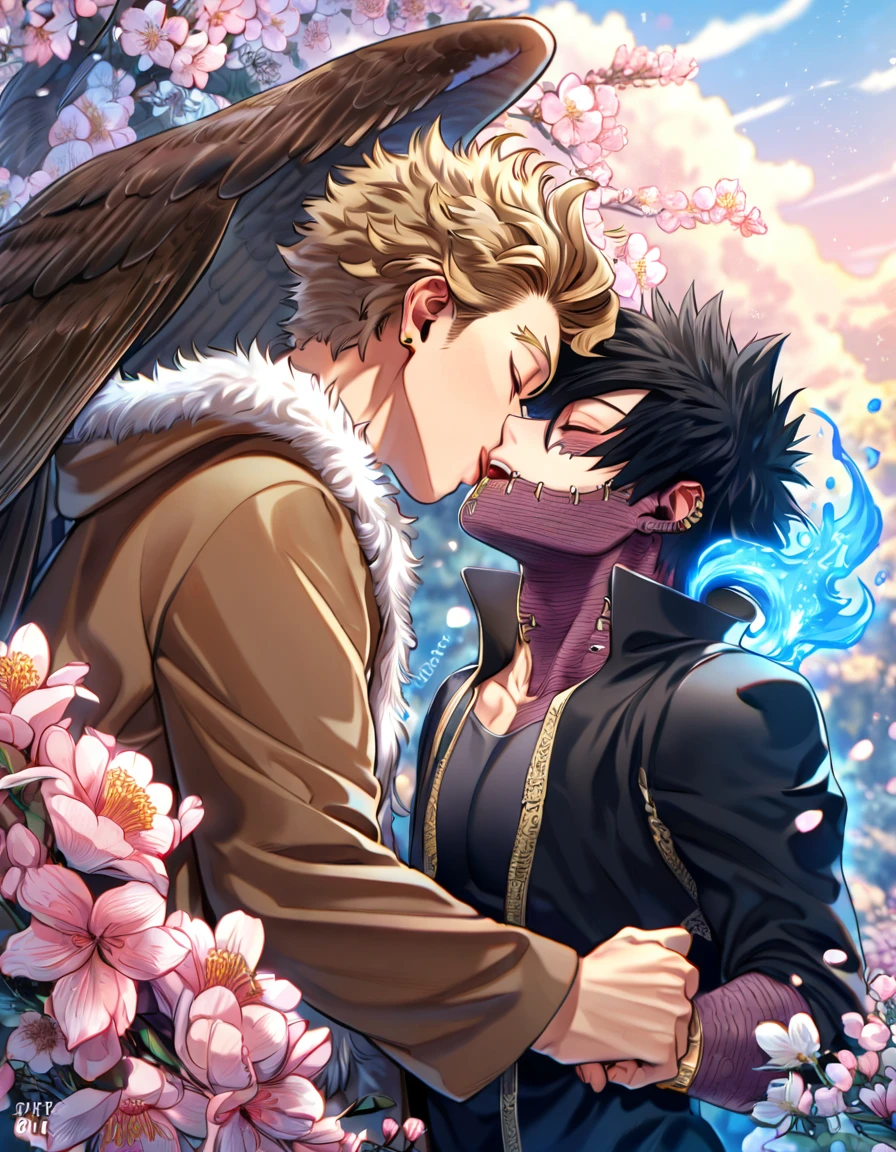 absurdres, highres, ultra detailed, HDR, master piece, best quality, extremely detailed face, delicated features, Hawks, ash blond hair, closed eyes, Boku No Hero Academia, Dabi, black hair, closed eyes, two sexy men kissing, yaoi, gay couple, handsome, brown jacket with fur, black tight shirt, black coat, fantasy, radiant, starry, blue fire, blossoms, pink flowers