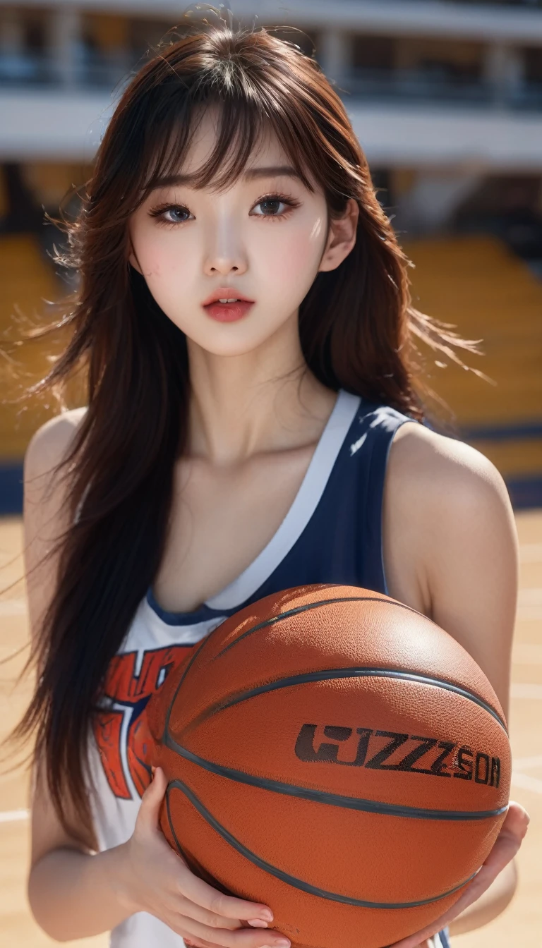 (8 k, Best quality, masterpiece:1.2), (realistic, photo-realistic:1.37), ultra detailed,Best quality, Ultra high resolution, professional lighting, photon mapping, radiation, physically based rendering, Cinematic lighting, basketball court,depth of field, sharp focus,Sunbeam, good composition,(hips:1.2) 1 girl,One,(whole body), (closed mouth),beautiful detailed eyes, outside, Slim waist,basketball unifrom, black hair,dirty hair,Long hair fluttering in the wind,(Ulzzang-6500:1.2), mix4, hiqcgbody