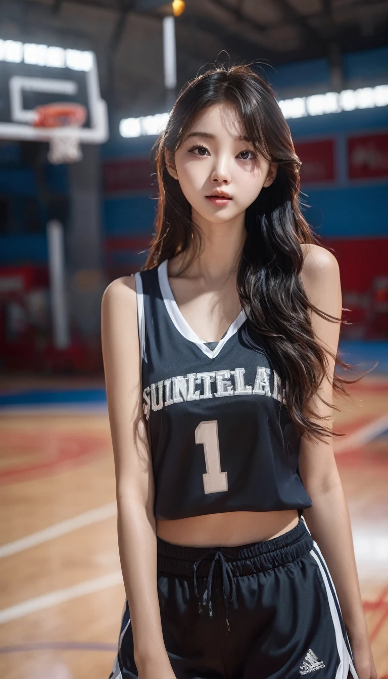 (8 k, Best quality, masterpiece:1.2), (realistic, photo-realistic:1.37), ultra detailed,Best quality, Ultra high resolution, professional lighting, photon mapping, radiation, physically based rendering, Cinematic lighting, basketball court,depth of field, sharp focus,Sunbeam, good composition,(hips:1.2) 1 girl,One,(whole body), (closed mouth),beautiful detailed eyes, outside, Slim waist,basketball unifrom, black hair,dirty hair,Long hair fluttering in the wind,(Ulzzang-6500:1.2), mix4, hiqcgbody