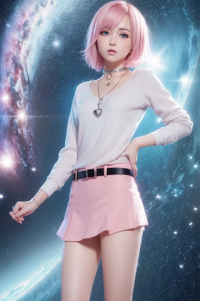 (8k high quality), (2d high quality), (high anime quality), (beautiful young girl), (beautiful face), (shining, short pink hair), (galaxy blue eyes, almond shape eyes), (shining smooth skin), (beautiful thin eyebrow), (beautiful wristwatch), (beautiful silver necklace with heart pendant), (beautiful white school uniform)
