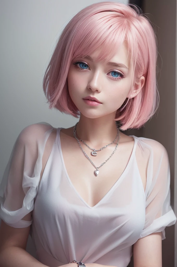 (8k high quality), (2d high quality), (high anime quality), (beautiful young girl), (beautiful face), (shining, short pink hair), (galaxy blue eyes, almond shape eyes), (shining smooth skin), (beautiful thin eyebrow), (beautiful wristwatch), (beautiful silver necklace with heart pendant), (beautiful white school uniform)