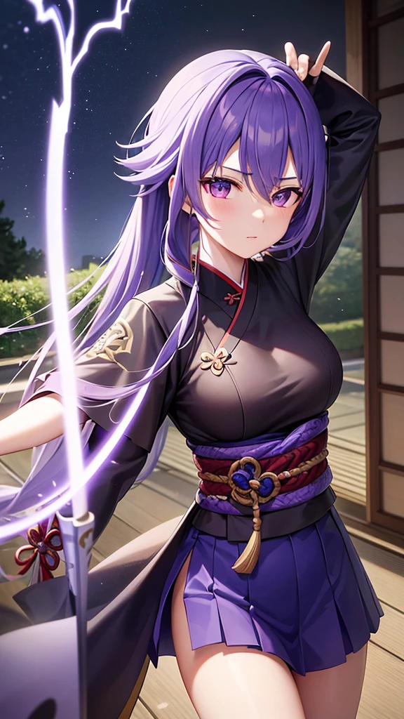 1 girl, purple hair, very Long hair, 1 Long braid hair, withe skin, purple eyes, anime style, kimono dress, purple dress, aura around her, lighting aura, angry face, side boob,