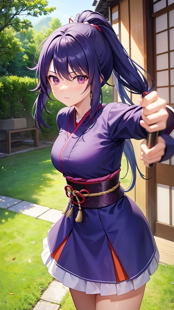 Illustrate Raiden Ei is a female character with a long ponytail and purple hair, Shogun Raiden in Genshin Impact, training in a sunny japanese dojo. With his new traditional Japanese outfit, the view should be from a moderate perspective, capturing his movement with katana sword under sunlight. No electrical lightning visible at the scene. The girl must have a medium skirt and a Japanese , the pigtail must be braided