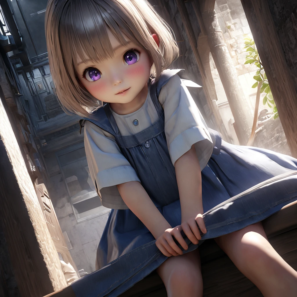 masterpiece, Highest quality, Very detailed, High resolution, An expensive solution, High resolution, 4K, 8K, ユニティ 8K 壁紙, Very detailed CG, masterpiece, Realistic, 2D, 3d, Beautiful details, depth, Fine texture, Highest quality: 1.3, Fully focused, Crispy.skin, .he, Very cute anime girl about , Expensive silver short hair, Girl about 3 years oldetty blue dress, blush, Mole, Release your lips, hair ornaments, heart, Purple eyes、Condom in mouth、A defiant smile、Lifting up your skirt in a dimly lit alley、クーラーの室外機の上にsit、Crotch close-up、Angle from below、I can see your underwear、Translucent slip、Spread your legs、Looking down from above、front、sit、Cotton panties