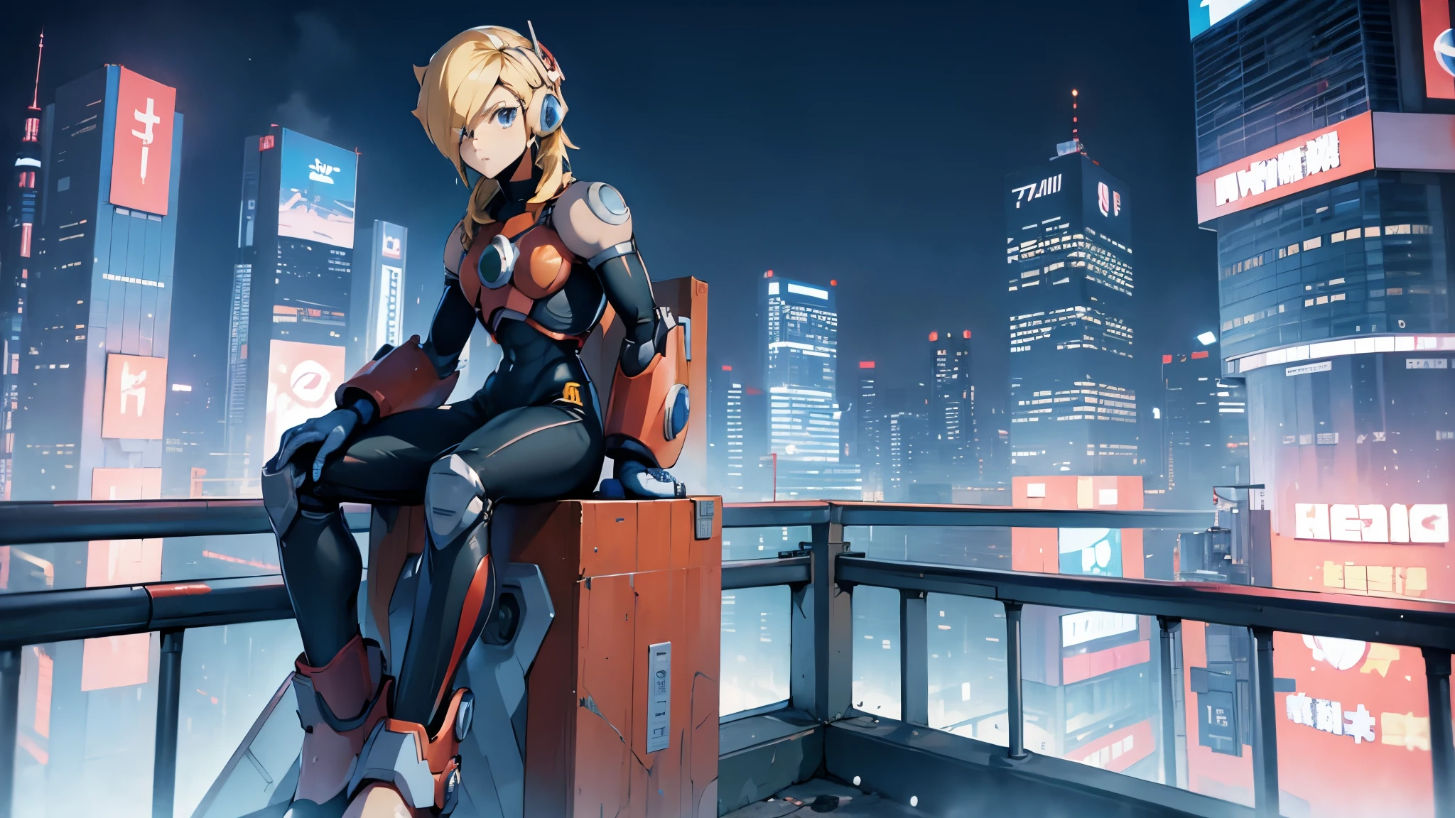 among other things_Megamanx sits on the edge of a building in Tokyo – the cyberpunk city in the background