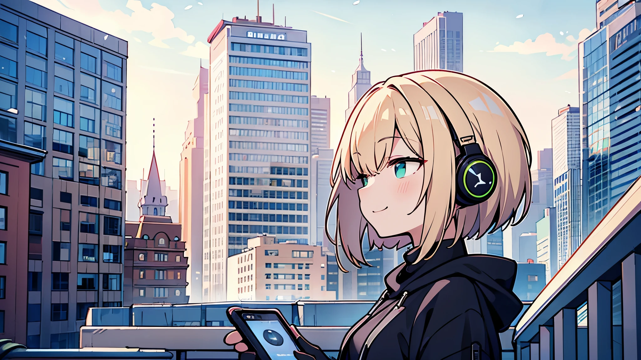 ((highest quality)), ((masterpiece)), (be familiar with), (Looking at a smartphone on the roof of a building)short hair、perfect face,white half-up hair,green mesh blonde、cool black hoodie,headphones,black gloves,turtleneck,alone,İcon、profile、Right beside、Expressionless、smile、Light-colored clothing