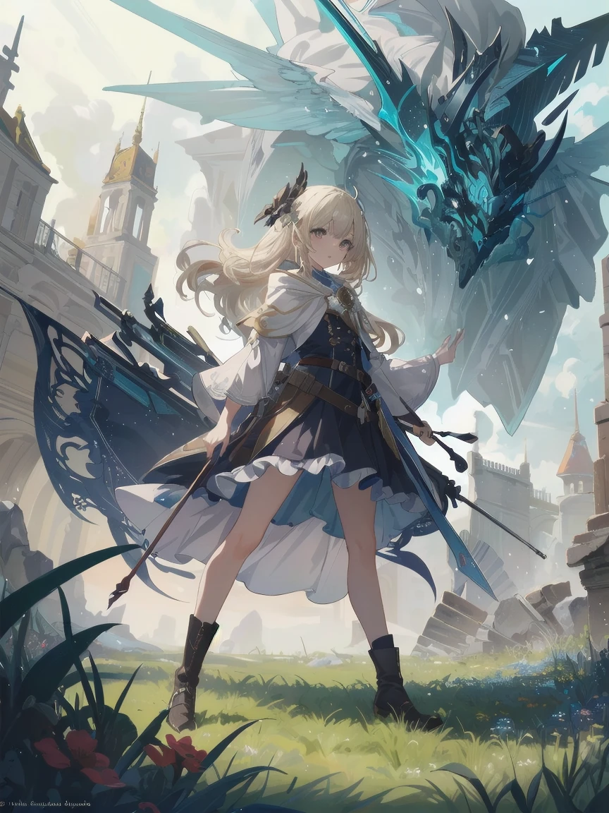 (masterpiece, top quality, top quality, official art, beautiful and aesthetically pleasing: 1.2), 1 girl, One, marquise, seeker of adventures, hood, meadow, detailed background, otherworldly fantasy with stunning modeling and highly detailed writing, one of the most powerful battle scenes, deep and detailed background, Sweet and beautiful girl, creative cute girls, creative posing