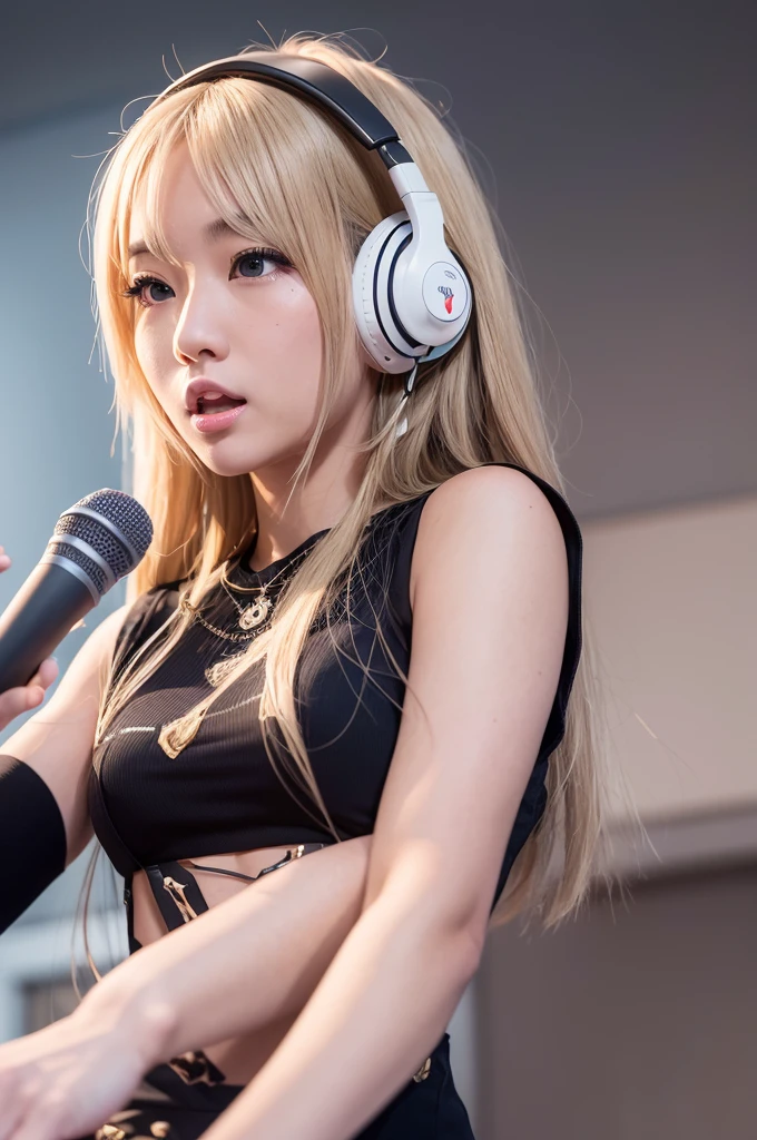 "Blonde Japanese woman, resembling Happy Sakura, elegant and captivating appearance, intricate details, high quality, (luxury:1.4), ultra-realistic 8K, perfect face, beautiful expression, beautiful eyes, blonde hair, model pose, ultra-realistic 4K, highest image quality, natural light, natural background, stylish clothing, professional artwork, modern style, clean and sophisticated look, holding a microphone and singing, female DJ wearing headphones, operating music equipment"　"Blurry image, low resolution, unnatural pose, unbalanced face, noise, excessive editing, inappropriate lighting, anime style, cartoon style, non-realistic texture, excessive saturation, artificial expression, abnormal proportions, unnatural background, low-quality details"