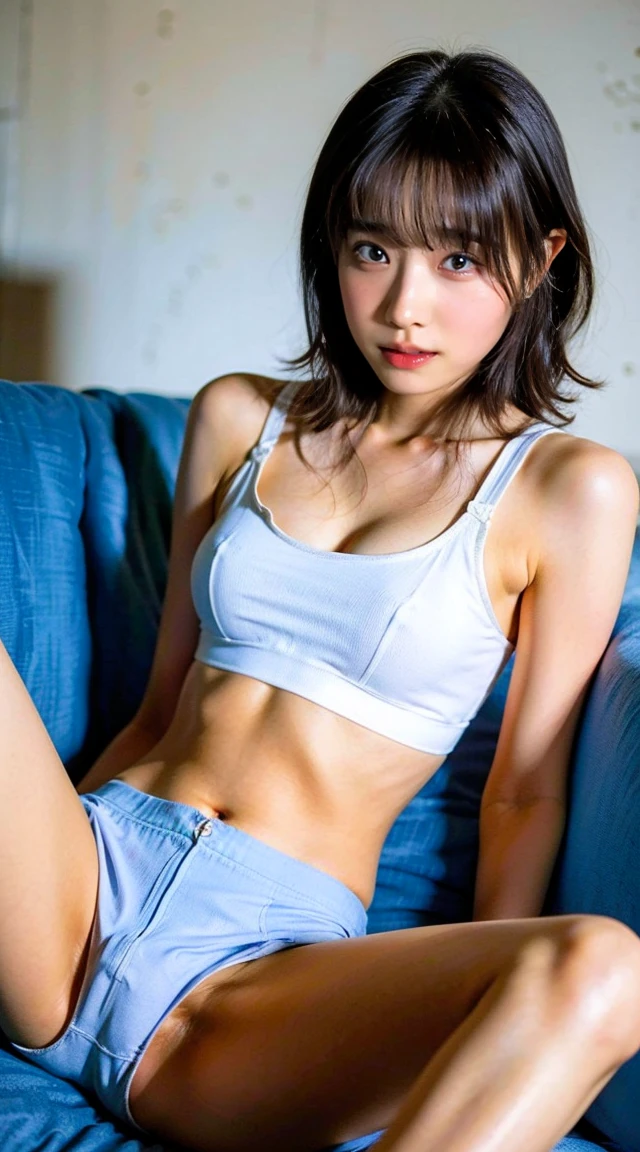 (((White sports bra with grey lines,Small breasts,Spread your legs,Amorous))),((Japanese,woman,cute)),(clean,short hair),(Highest quality,masterpiece:1.3,Ultra-high resolution),(Very detailedな,Caustics),(Realistic:1.4,RAW shooting,)Ultra-Realistic Capture,Very detailed,High resolution 16K resolution