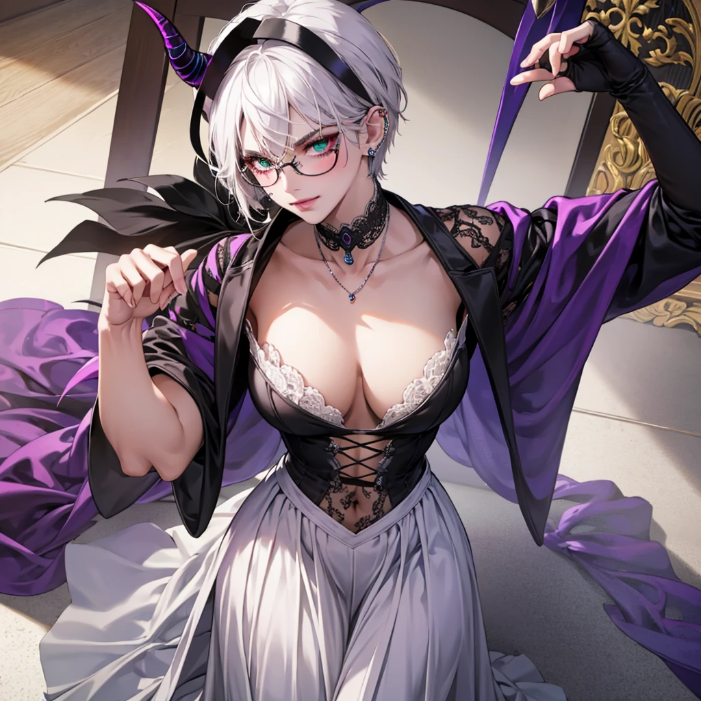 8k, masterpiece, best quality, highly detailed, 1 girl, tiefling, warlock, multicolored hair, very short straight hair green highlight hair on white hair, strippled hair, wearing glasses, round glasses, earrings, long dress with side cut, lace dress, red eyeshadow, long eyelashes,navel piercing, blushed cheek, necklace, collarbone, high heels, mole, glamorous, purple and teal clothing, villainy, smirk, seductive face, close up view, rings, looking at viewer, standing, demon horns, solo, hand touching cheek, school, black lace gloves, holding book, sensei, miniskirt.