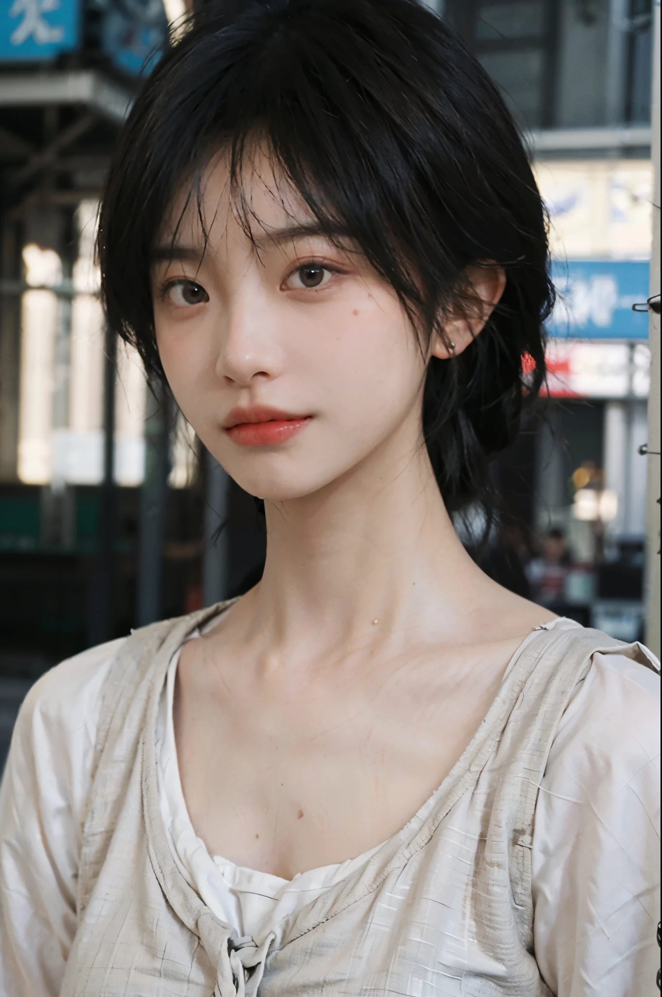 1 girl,short hair,A faint smile,serene, calm,Vest,Moles under the eyes,Exquisite eyes, Delicate face,Lipstick,earrings,Hair details, (Large Breasts:1.0),outdoor,background,城市background,(Skin details:1.4),(Realistic and detailed eyes:1.2), Natural skin texture, Realistic facial details,Close-up of face,Portrait Photography,(Portrait Photography:1.1), (smooth skin textures:1.3), (Highest quality real skin textures:1.4), Direct vision,Soft dramatic lighting, Vivid details, 35 mm film, (Photo Practical:1.4), (hyper Practical:1.4), (Practical:1.3), (Smoother lighting:1.05), (Improve lighting quality:0.9), (Enhance the beauty of skin texture:1.1), Depth of Field, Bokeh, Surrealism, Ray Tracing, ( Surrealism, High Detail, Chiaroscuro, Ray Tracing, reflected light, Ultra HD, Ultra HD, masterpiece, Textured Skin, Super Detail, High Detail, high quality, best quality