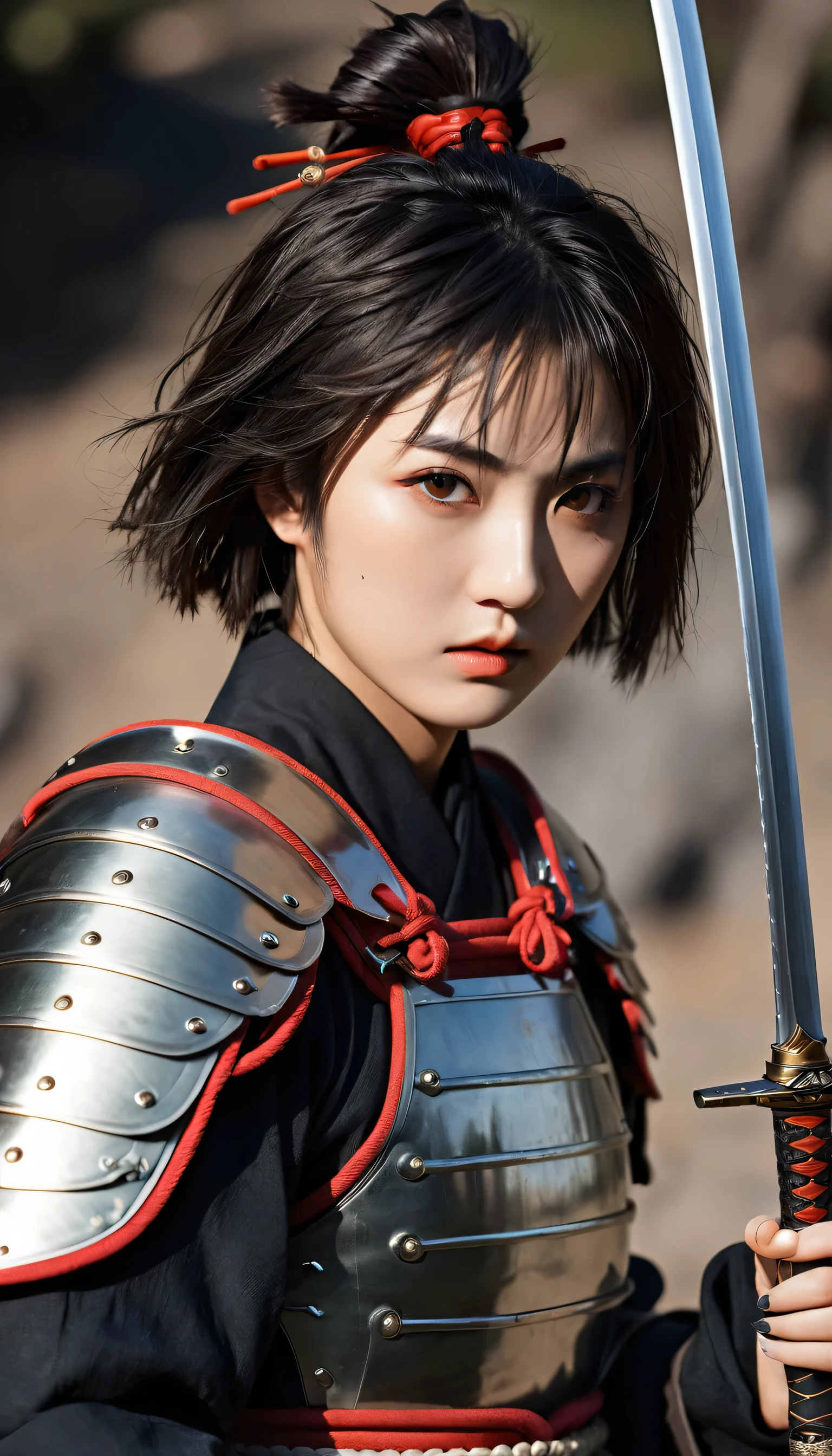 (8k, best quality, masterpiece:1.2), (photorealistic:1.4), RAW photo, best quality, ultra high res, best shadow, (full body:1.4), A short-haired female, japanese armor, Samurai Sword, massive scale stunning environment, horror, dark horror, highly detailed facial features, beautiful and flawless face, perfect eyes
