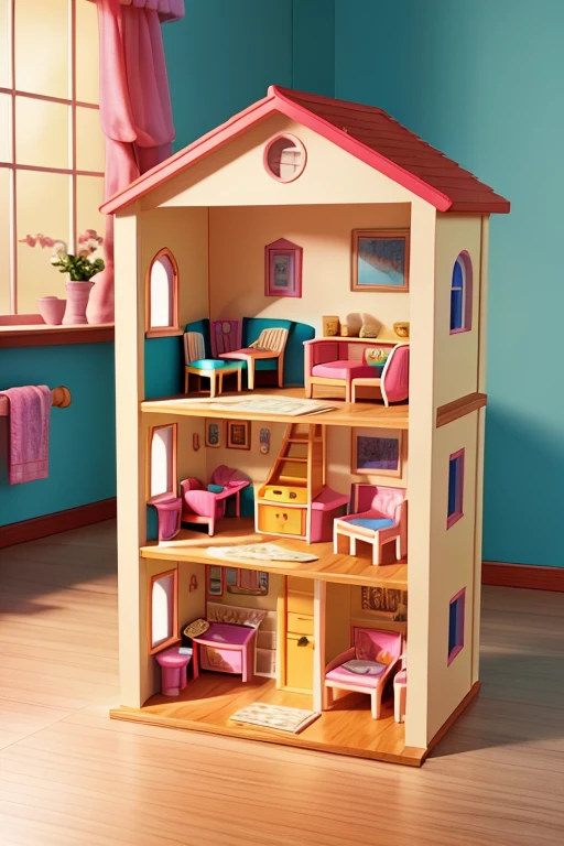 Dollhouse. Bright. Bright. With furniture inside. Realistic dolls