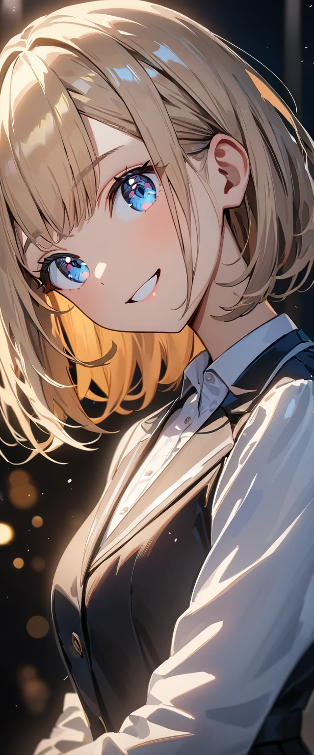 (((One girl))), blond hair, bob cut, (upper body), (looking at viewer), breasts, teenager, head tilt:1.3, (((blue eye))), (from side), ((happy smile)), white shirt, blazer, black skirt, anime style, (best quality, 4k, 8k, highres, masterpiece:1.2, ultra-detailed, ultra-detailed eyes, HDR, UHD, studio lighting, ultra-fine painting, sharp focus, physically-based rendering, extreme detail description, professional, vivid colors, bokeh)