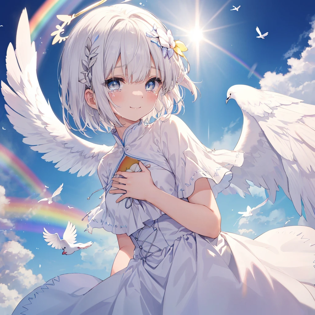 (((Extreme close-up tears smile Low - Angle Dove of peace Angel Halo))) ((輝くtears Rainbow Eyes Short Hair Receiving the light Rainbow light Place your hand on your chest Stretch your hand out towards me)) (Shining Edge Pillar of Light)