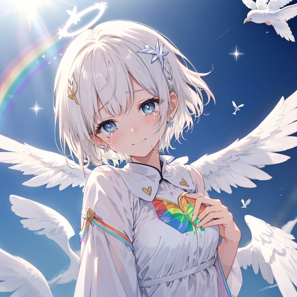 (((Extreme close-up tears smile Low - Angle Dove of peace Angel Halo))) ((輝くtears Rainbow Eyes Short Hair Receiving the light Rainbow light Place your hand on your chest Stretch your hand out towards me)) (Shining Edge Pillar of Light)