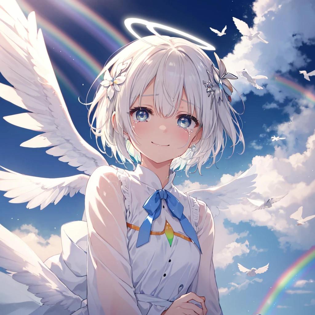 (((Extreme close-up tears smile Low - Angle Dove of peace Angel Halo))) ((輝くtears Rainbow Eyes Short Hair Receiving the light Rainbow light Place your hand on your chest Stretch your hand out towards me)) (Shining Edge Pillar of Light)