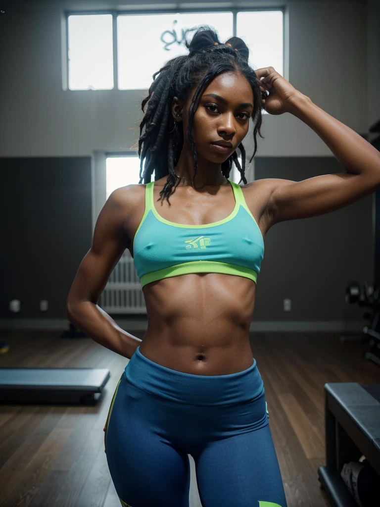 8k, RAW photo, best quality, ultra high resolution, (photorealistic), realistic photo of skinny ebony girl fitness model, (skinny ebony girl, 20 years old, most beautiful ebony girl in the world, slim face, dark skin, black hair, dreadlocks hair, dreadlocks), in gym, fitness equipment, modern interior, bright light, (full body picture), standing posing for picture, (sexy pose), wearing (neon blue yoga pants, neon blue sport top), (looking at viewer), fierce look, (extremely detailed CG unity 8k wallpaper), Sharp focus, (bright light)