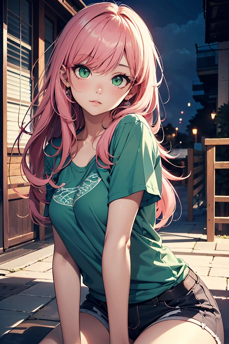 ((Cat and girl)),Squat, Observe the cat, Loosened look , cute,Latest Fashion Trends ,Open chest,T-Shirts, Shorts,((Very detailed,Highest quality, High resolution, 8k wallpaper, Beautiful clothes,)),((Pink Hair, Long Hair,Straight hair,Both sides up)) ,(Green Eyes),eye shadow, eyeliner,Glowing Eyes, Very detailedな目, Complex eyes, Beautiful Eyes, 輝くGreen Eyes,18-year-old girl,