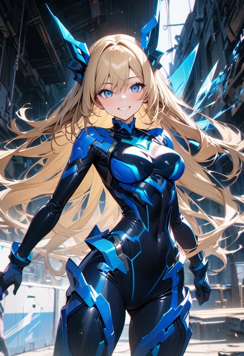 Adult girl, long blonde hair, blue eyes, blue superhero form, tight form, transparent elements, smile, Masterpiece, best quality, Full HD, 8k, ultra details, great graphic