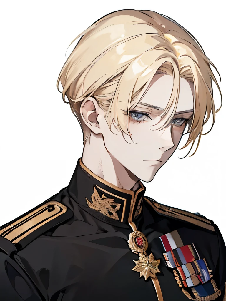 A German general, blonde with straight, medium-length hair, black military clothing, cut scar on his mouth, cheek and neck, manhwa style