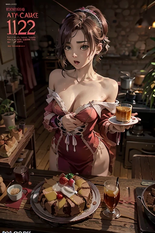 (Small breastss:1.3), (Firm breasts:1.1), (Pointed Chest:1.0), (Pudding cake magazine cover:1.3),(From above:1.0),(From the side:0.9),masterpiece, One girl, Great cleavage:1.1, Narrow waist, BIG ASS, Raised to be sexy, Small breasts: 1.3, Posing and showing off cleavage:1.2、alone, Open your mouth, cute beer glass cute grass,Black Hair, Dark green eyes, dress, Exposing shoulders, jewelry, clavicle, Side Lock, hair band, Earrings, indoor, Off the shoulder, sweater, Put your arms behind your back, plant, short hair and long locks, gild hair band, sweater dress:1.2, off-shoulder sweater, red sweater, Dark Gorgeous Hair, Big side hair, Very long side hair,Rendered (masterpiece: 1.2, highest quality), and (Ultra-high resolution) And exquisite (Depth of written boundary). This masterpiece is not only visually stunning but also tells,Cooking in the classroom kitchen ,View Viewer,
