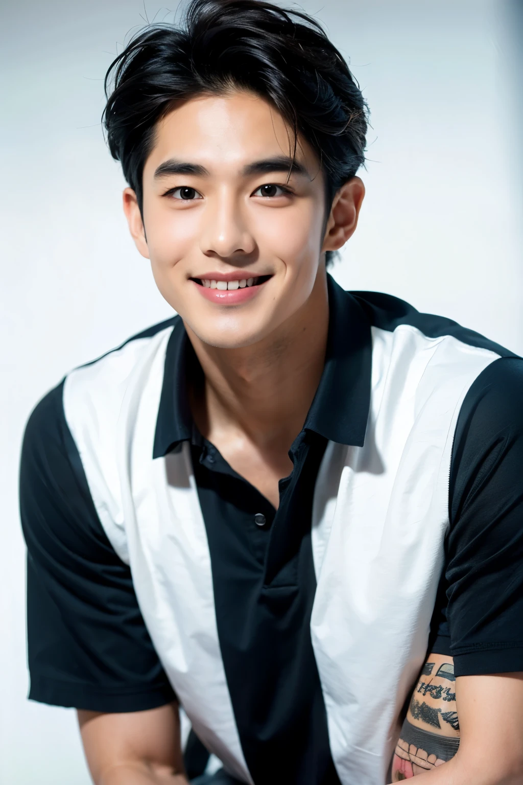 1 man, blue shirt, white background, realistic, (Masterpiece), Highest quality, black hair, brown eyes, high definition, Idol, Lively, well-behaved, confident stare, Smile shyly