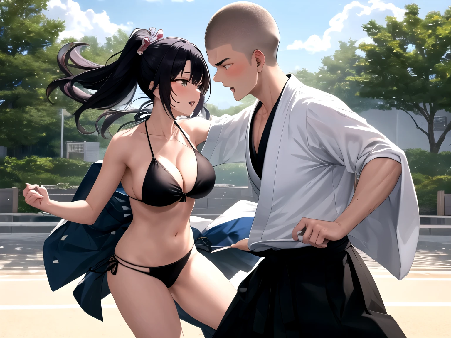 a crew cut man with hakama and a girl with black bikini are fighting in aikido