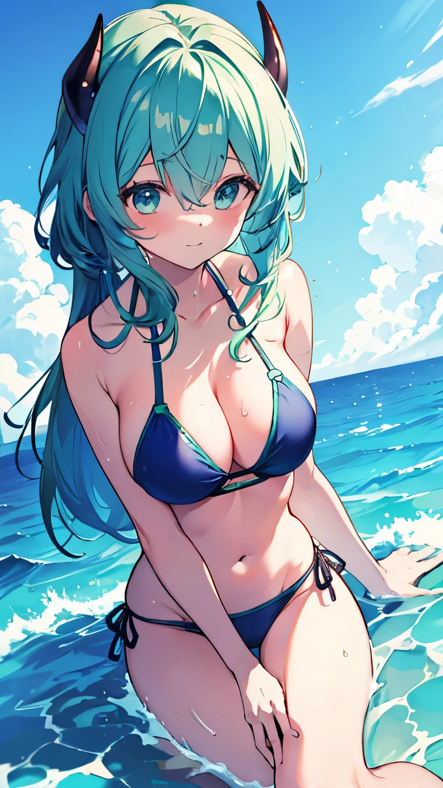 Highest quality:1.1)、(masterpiece:1.2)、(solo)、Close-up、Watching the viewer、Ocean、summer、Swimwear,Flowing sweat,green hair,horn,Girl,whole body,,Toned legs,,blue sky
