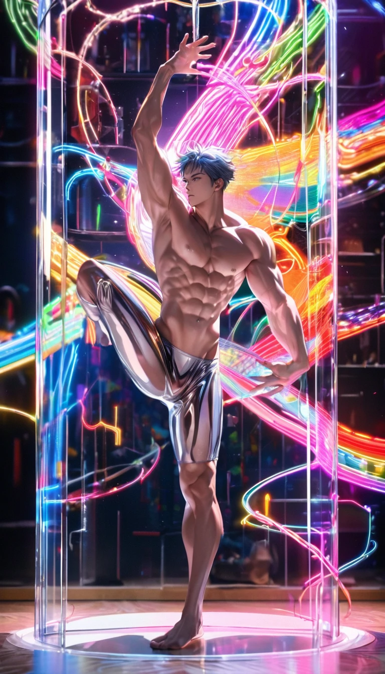 (Highest quality:1.2),One man,alone,Are standing_Split,whole body, Photo of a Japanese man in his 20s made of shiny white and silver translucent glass and plastic,Muscular and shirtless, Silver metal interior, Dynamic pose, Flow organic structure, A sparkling golden circuit, colorful Neon decoration, Ball of Light, Illumination, Illumination circuit, Neon decoration, Depth of Field Focus F/2.8, H'art.right. liver, Greg rightutowski