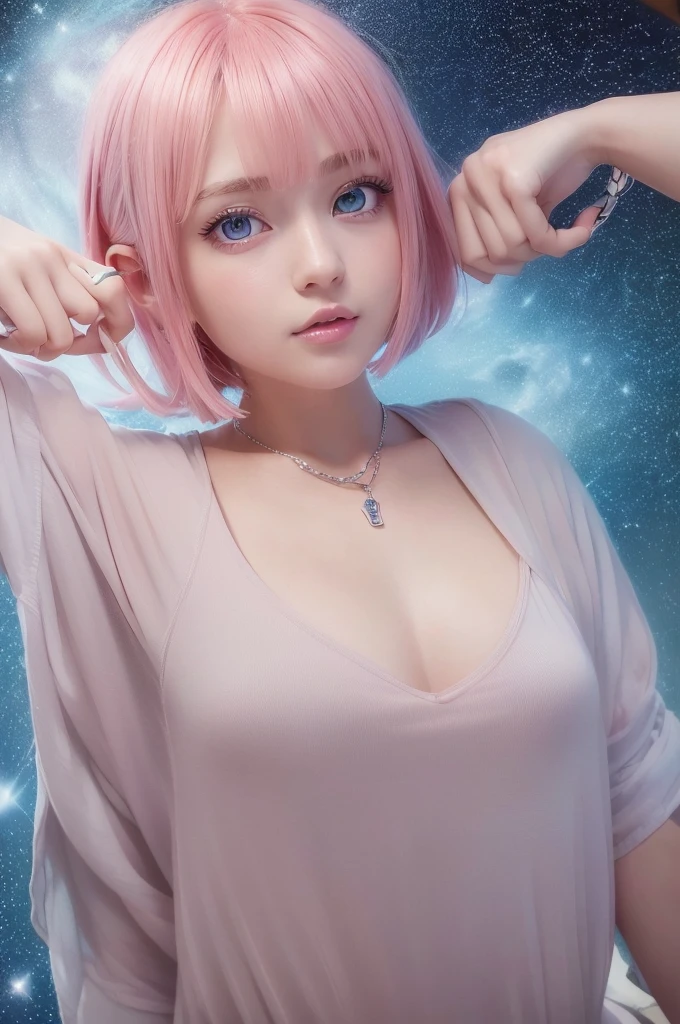 a 20 yo black woman, blonde, (hi-top fade:1.3), space theme, soothing tones, neon colors, high contrast, (natural skin texture, hyperrealism, soft light, sharp)
nude, action pose, pink and blue hair